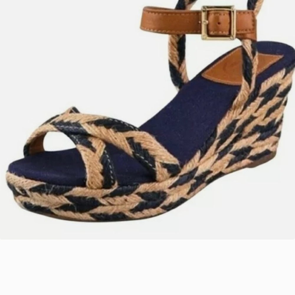 Tory Burch Camelia Navy and Tan Wedge Sandals